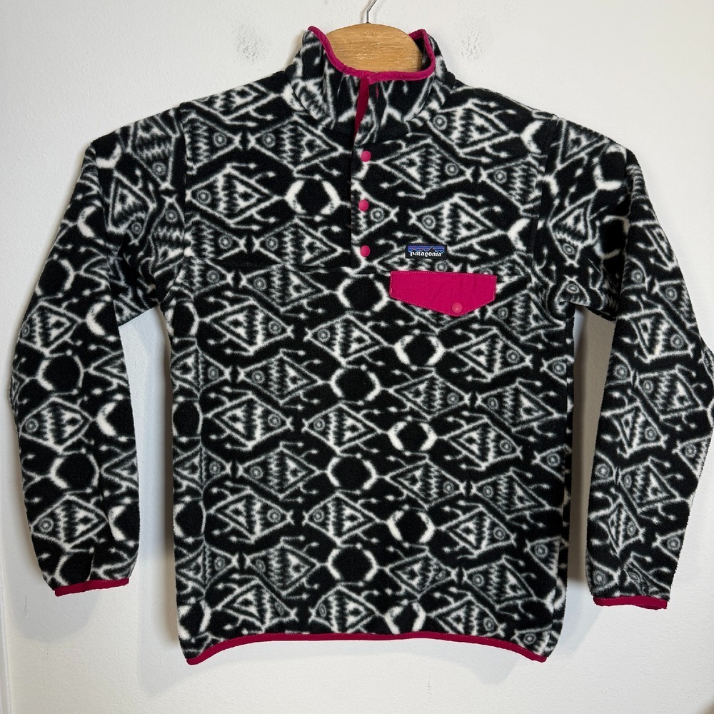 Patagonia Synchilla Fleece Jacket‎ Aztec Print Pink Trim White Black Women's S